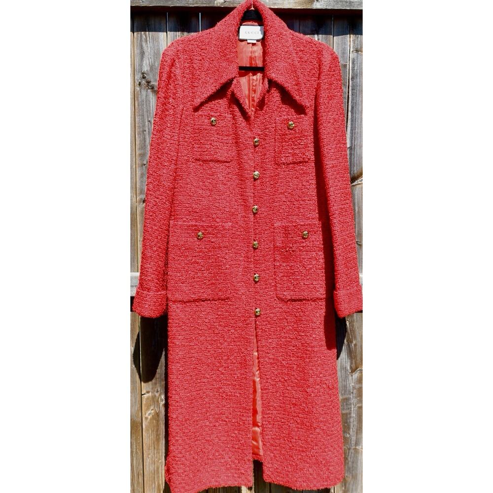 Gucci Alessandro Michele 2018 Red Tweed Long Coat GG Gold Buttons IT46 NWT Rare